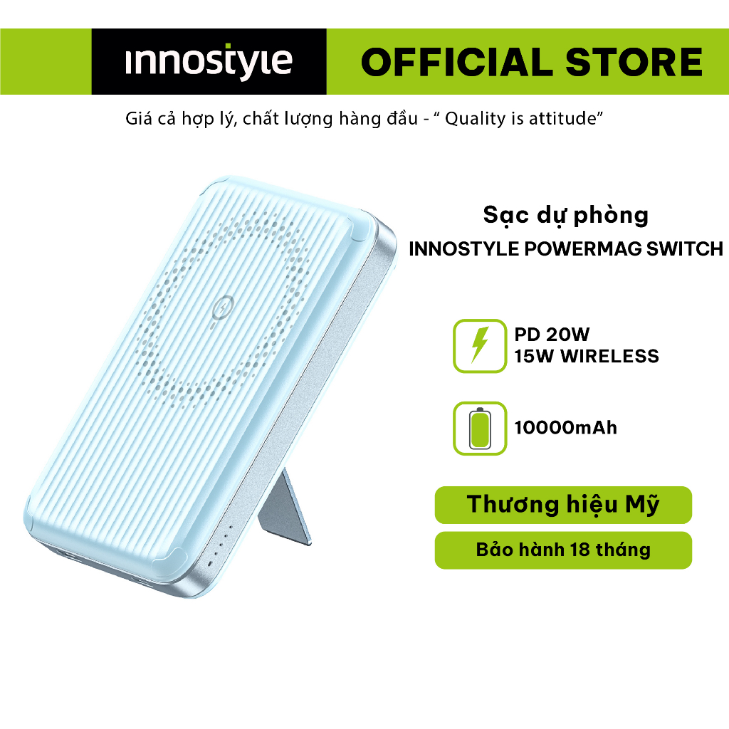 Pin sạc dự phòng từ tính Innostyle PowerMag Switch 2 IN 1 10000MaH - Tích hợp chân đế, hàng chính hãng