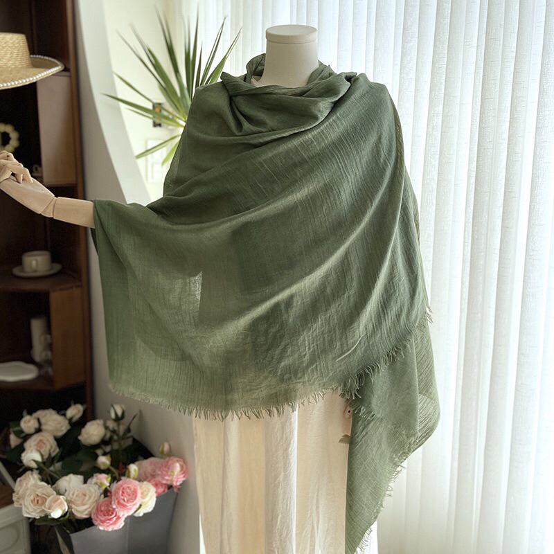 Khăn choàng khổ lớn siêu mịn mướt từ cotton và linen khoác nhẹ mùa thu mùa đông che nắng màu trơn