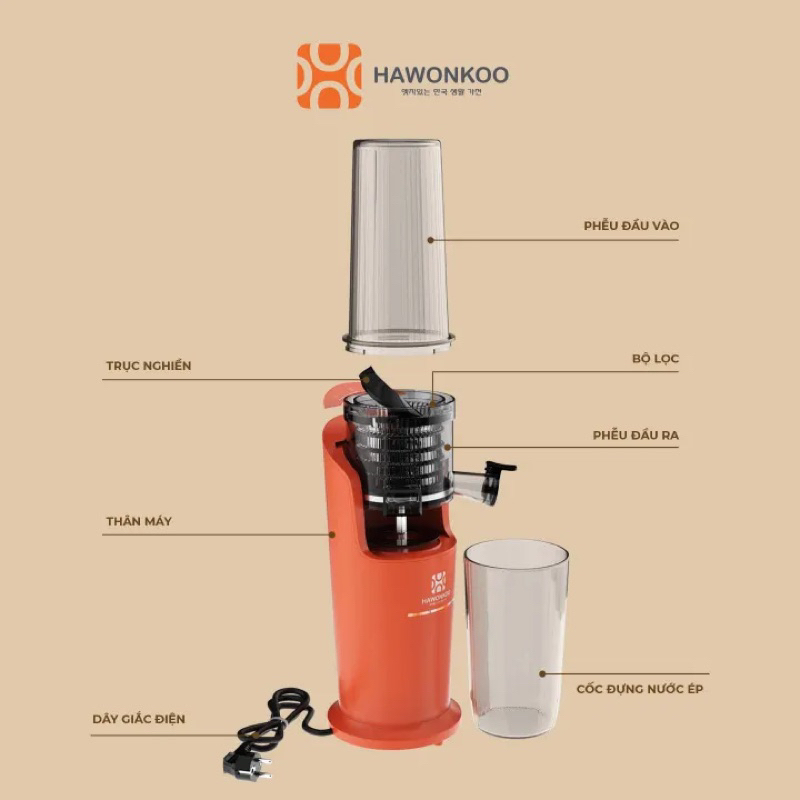 Máy ép chậm Hawonkoo SJH -001 150W 550ML Hàng chính hãng - Bảo hành 12 tháng
