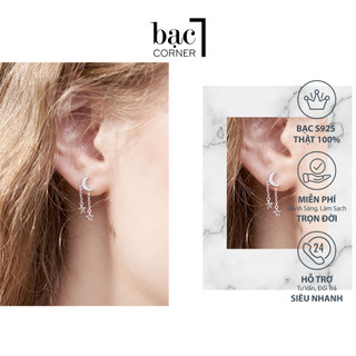Khuyên Tai Bạc Đính Đá Mặt Trăng 6mm Thả Sợi 2 Ngôi Sao Dài 12mm Chất Liệu Bạc 925