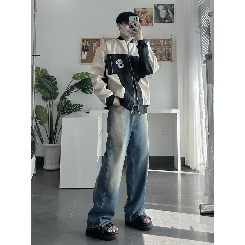 Áo Khoác Bomber Unisex S STAR ⭐️ chất Dù 2 lớp dày dặn màu Kem phối Đen 🏁 Nam nữ unisex/Áo khoác form rộng Jaystoree 🖤