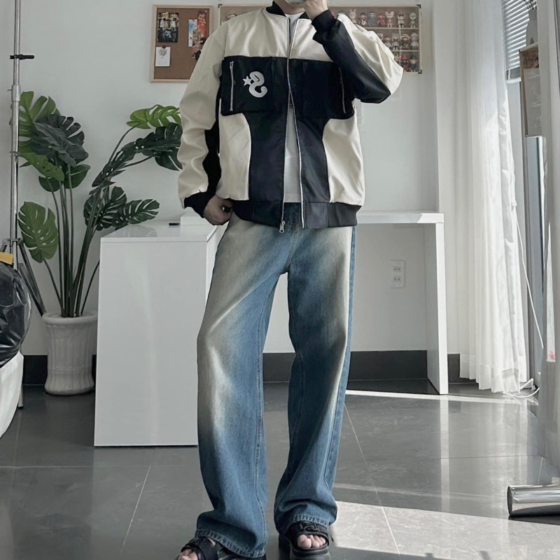 Áo Khoác Bomber Unisex S STAR ⭐️ chất Dù 2 lớp dày dặn màu Kem phối Đen 🏁 Nam nữ unisex/Áo khoác form rộng Jaystoree 🖤