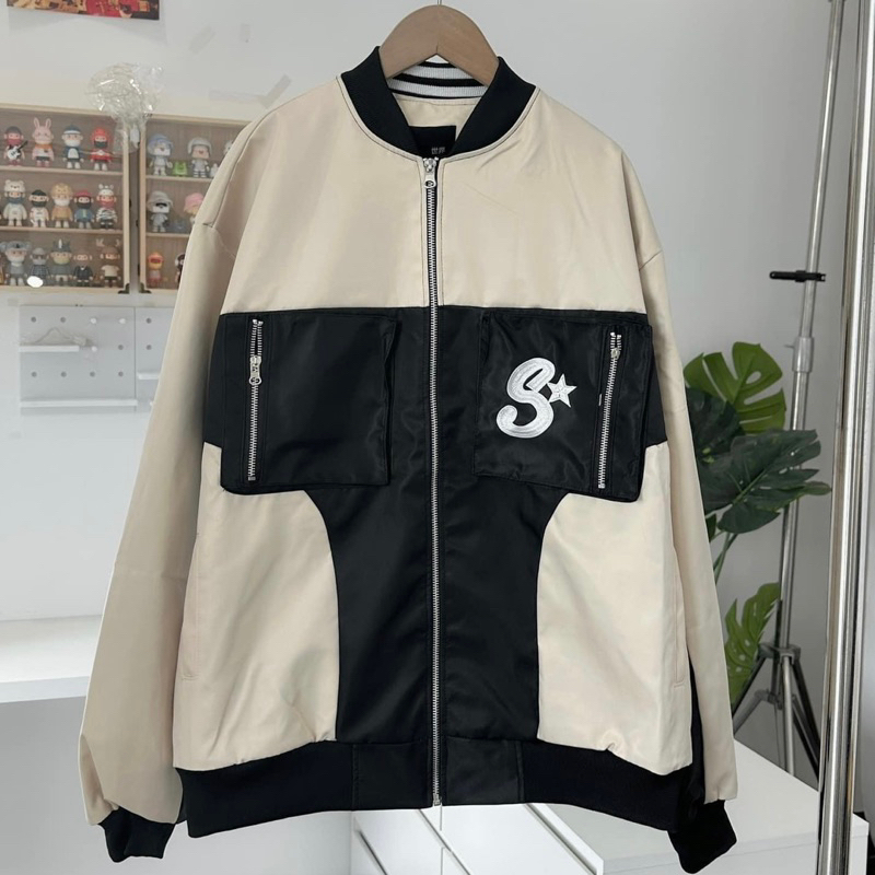 Áo Khoác Bomber Unisex S STAR ⭐️ chất Dù 2 lớp dày dặn màu Kem phối Đen 🏁 Nam nữ unisex/Áo khoác form rộng Jaystoree 🖤