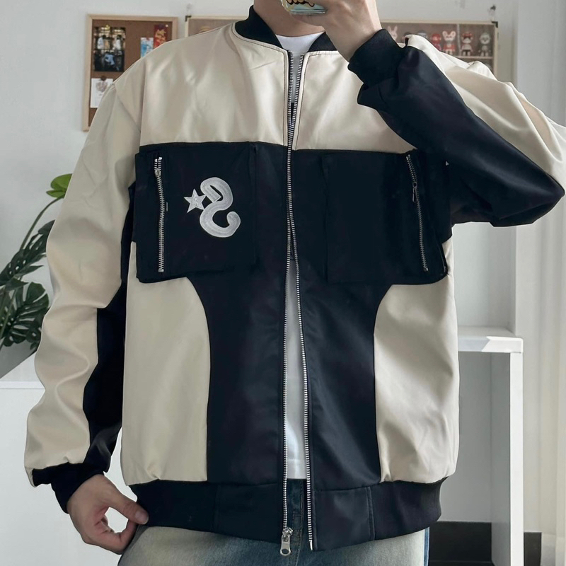 Áo Khoác Bomber Unisex S STAR ⭐️ chất Dù 2 lớp dày dặn màu Kem phối Đen 🏁 Nam nữ unisex/Áo khoác form rộng Jaystoree 🖤
