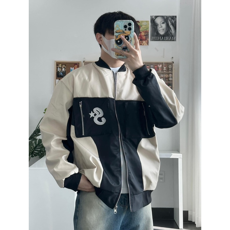 Áo Khoác Bomber Unisex S STAR ⭐️ chất Dù 2 lớp dày dặn màu Kem phối Đen 🏁 Nam nữ unisex/Áo khoác form rộng Jaystoree 🖤