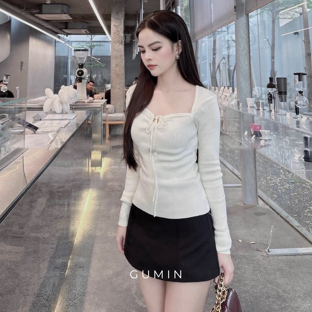Set đồ nữ GUMIN thiết kế áo thun trắng dài tay và chân váy ngắn chữ A tiểu thư sang trọng