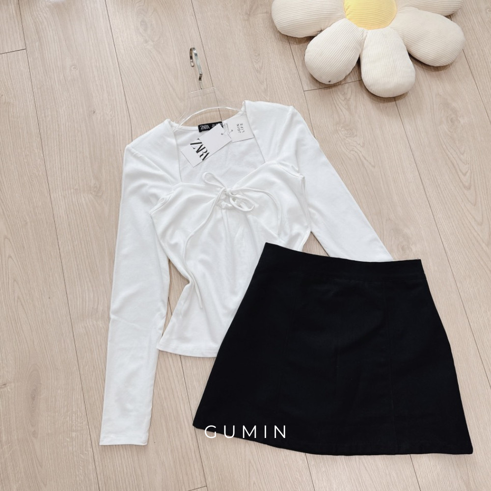 Set đồ nữ GUMIN thiết kế áo thun trắng dài tay và chân váy ngắn chữ A tiểu thư sang trọng