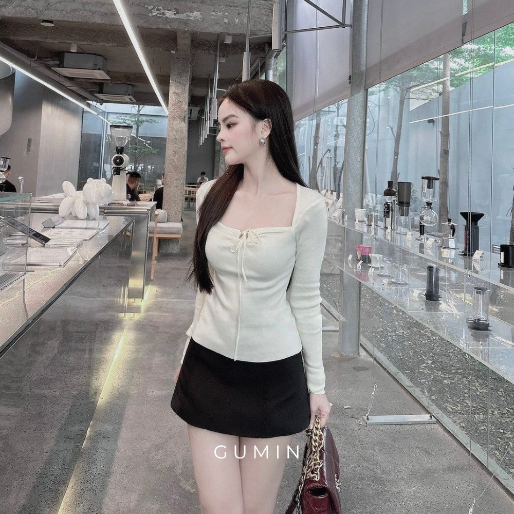 Set đồ nữ GUMIN thiết kế áo thun trắng dài tay và chân váy ngắn chữ A tiểu thư sang trọng