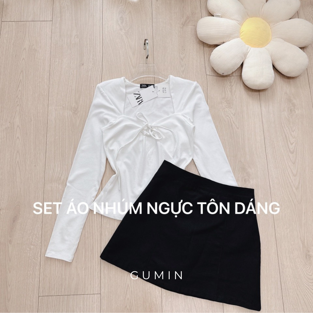 Set đồ nữ GUMIN thiết kế áo thun trắng dài tay và chân váy ngắn chữ A tiểu thư sang trọng