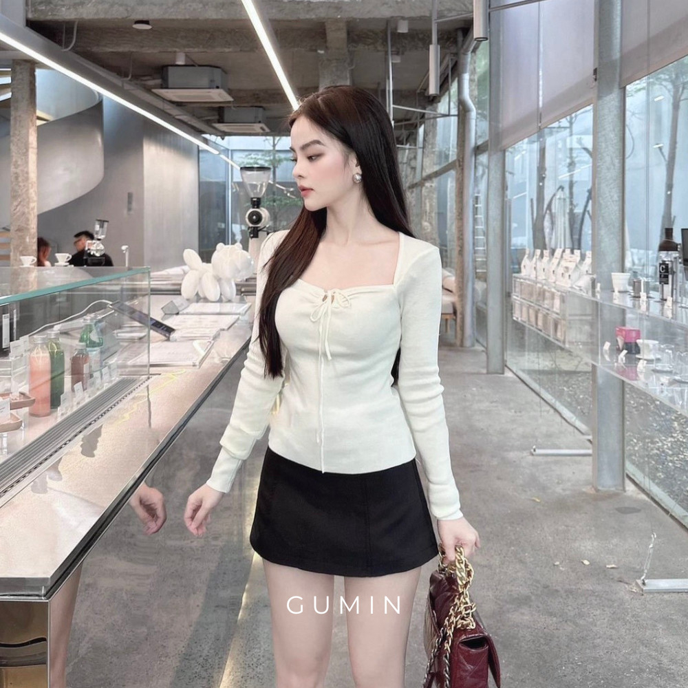 Set đồ nữ GUMIN thiết kế áo thun trắng dài tay và chân váy ngắn chữ A tiểu thư sang trọng