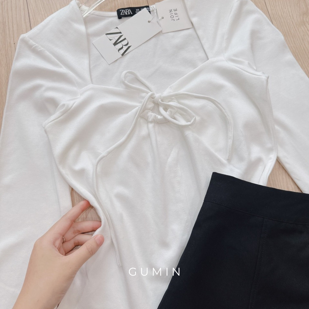 Set đồ nữ GUMIN thiết kế áo thun trắng dài tay và chân váy ngắn chữ A tiểu thư sang trọng