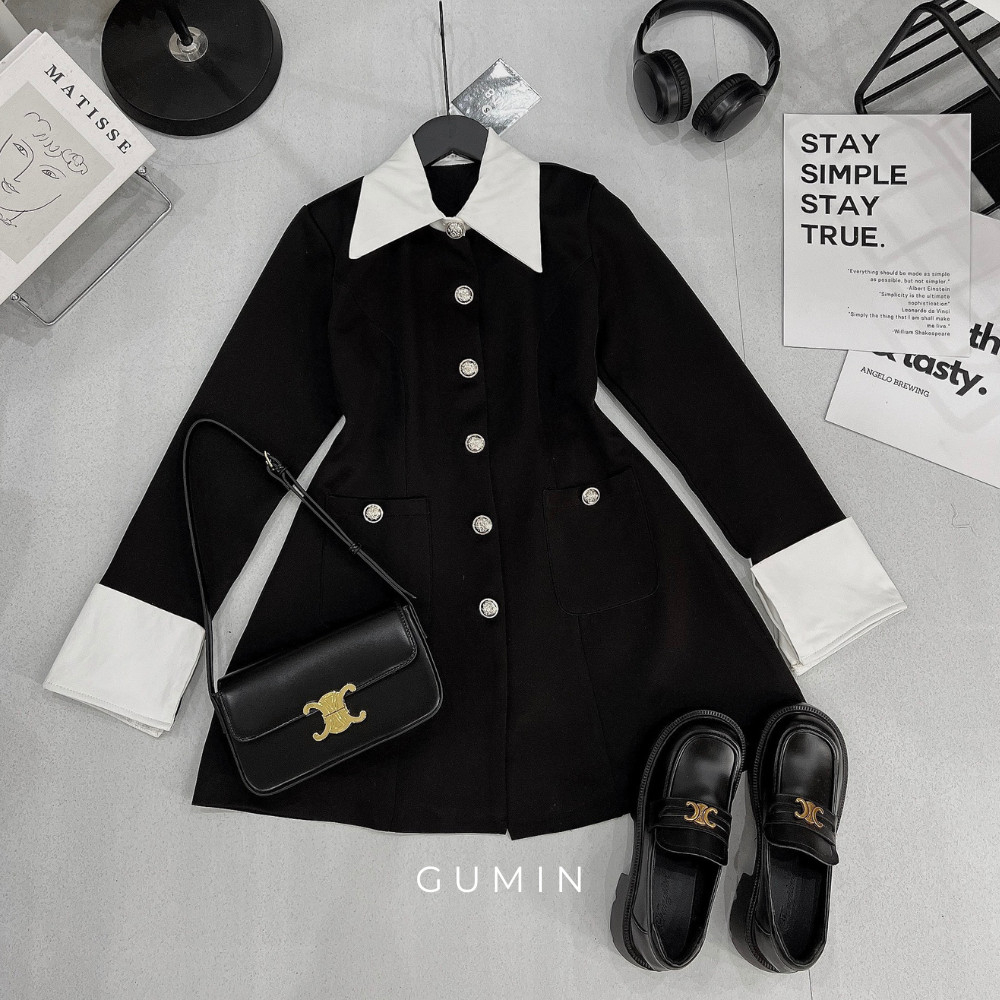 Váy vest phối trắng GUMIN thiết kế xoè nhẹ đai lưng tôn eo, thanh lịch trẻ trung