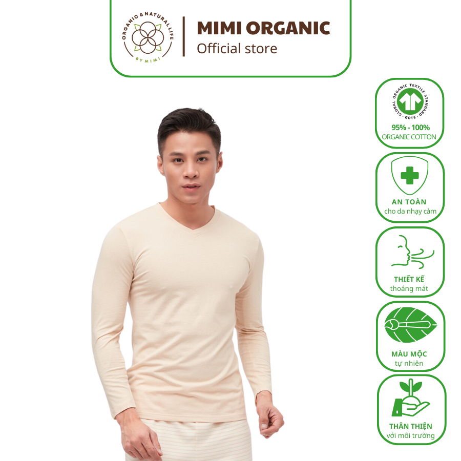 Áo giữ nhiệt nam Mimi Organic Official cổ tim màu be sợi bông hữu cơ mềm mại giữ ấm tốt