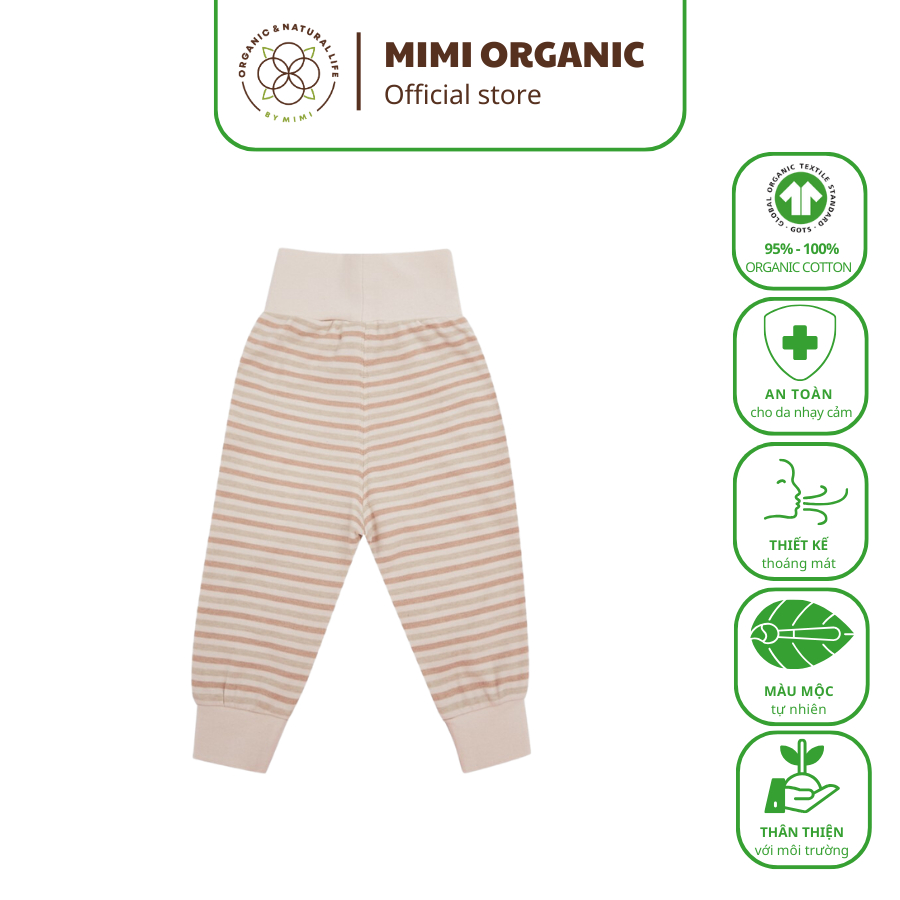 Quần cạp cao Nature Colored- Mimi Organic chun kẻ 3 màu cho bé trai và bé gái sợi bông hữu cơ mềm mịn siêu thoáng