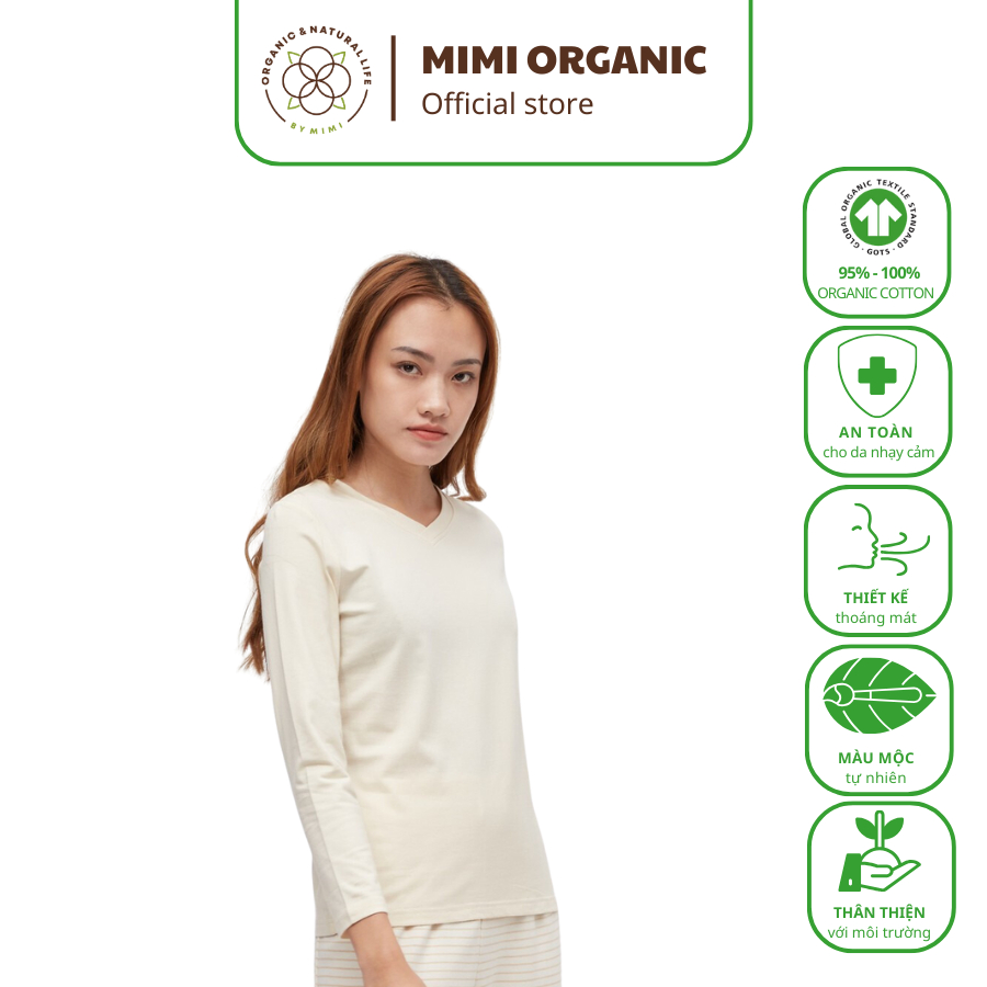 Áo giữ nhiệt nữ Nature Colored- Mimi Organic cổ tim màu be sợi bông hữu cơ mềm mịn siêu thoáng