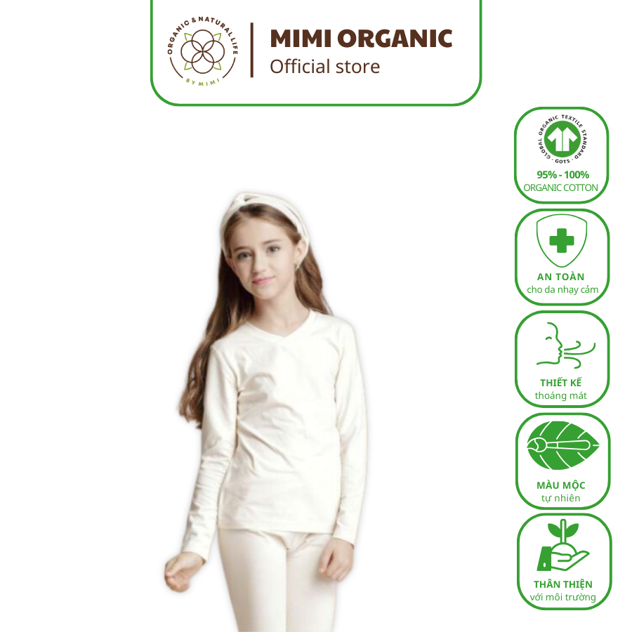 Áo giữ nhiệt bé gái Nature Colored- Mimi Organic cổ tim mà be bông màu tự nhiên mềm mịn siêu thoáng cao cấp