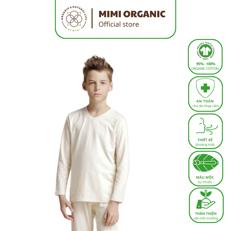 Áo giữ nhiệt Nature Colored- Mimi Organic bé trai cổ tim màu nâu  bông màu tự nhiên mềm mịn siêu thoáng