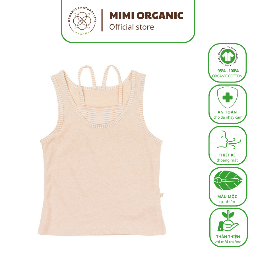 Áo ba lỗ 2 dây Nature Colored- Mimi Organic màu nâu sợi bông hữu cơ cho bé gái mềm mịn siêu thoáng kháng khuẩn