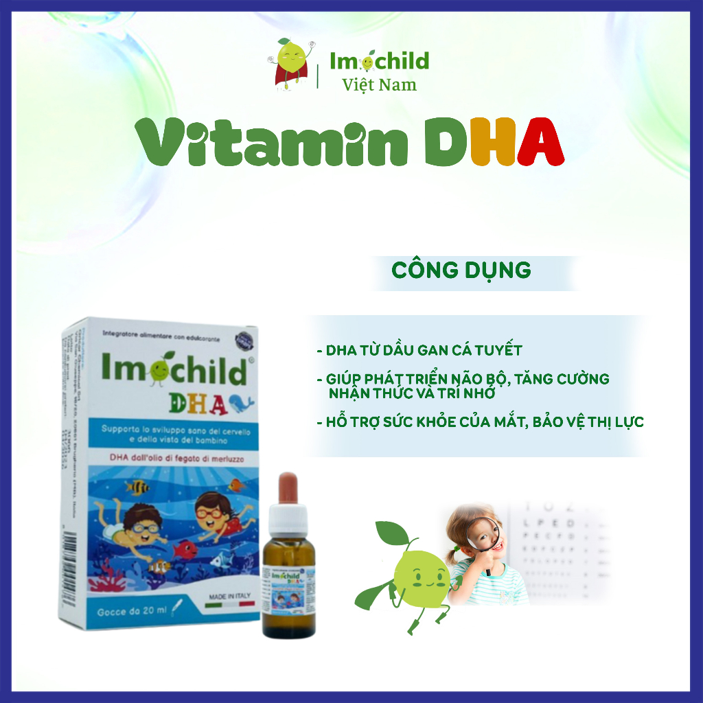 Combo 2 Hộp Vitamin DHA Imochild Phát Triển Não Bộ Giúp Bé Mắt Sáng Tinh Anh - IMOCHILD Hộp 20ml
