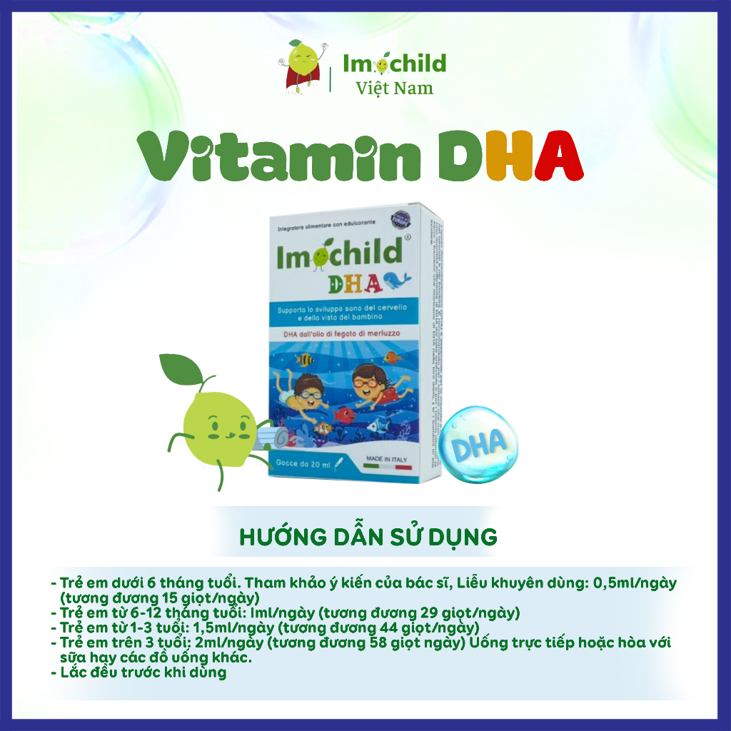 Combo 2 Hộp Vitamin DHA Imochild Phát Triển Não Bộ Giúp Bé Mắt Sáng Tinh Anh - IMOCHILD Hộp 20ml