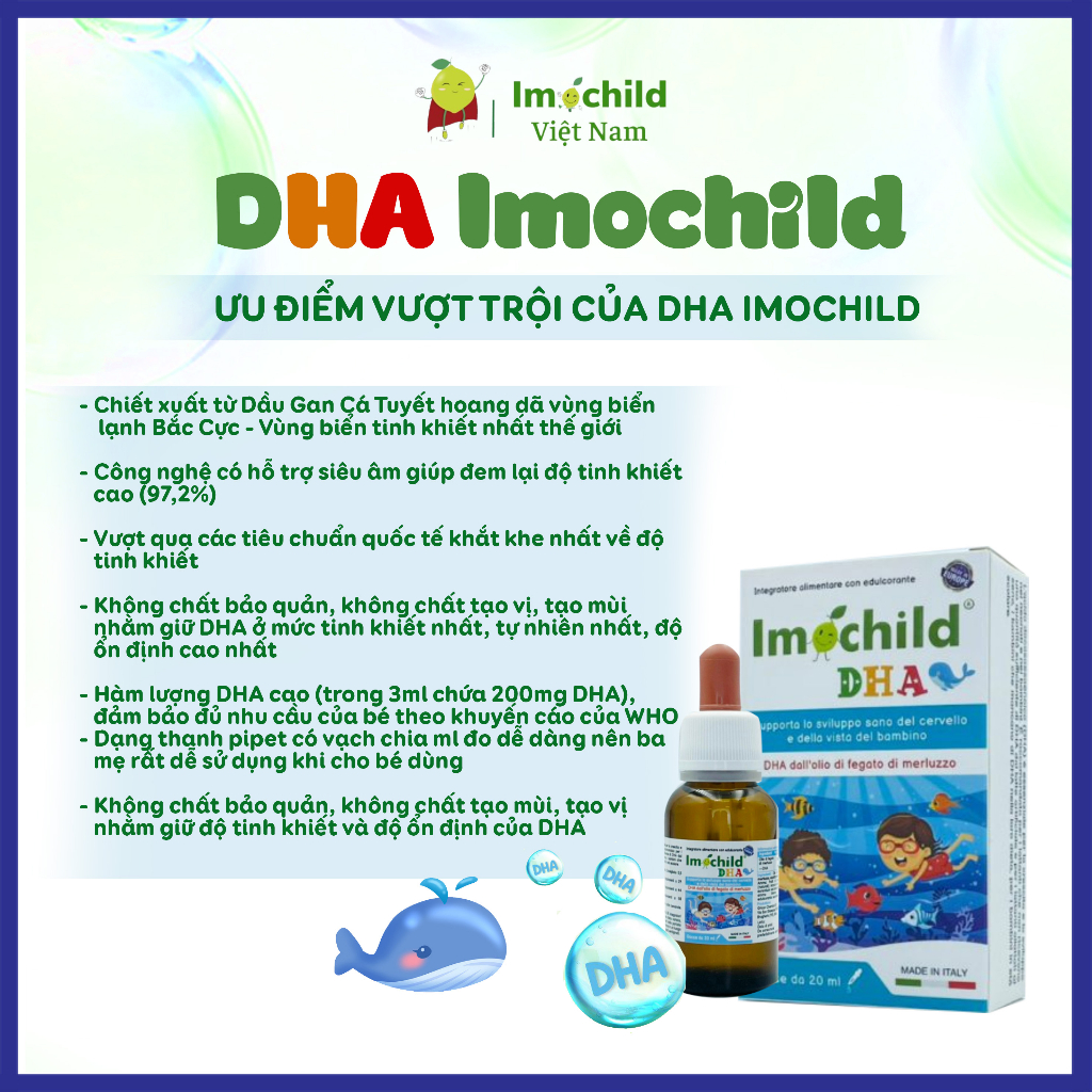 Combo 2 Hộp Vitamin DHA Imochild Phát Triển Não Bộ Giúp Bé Mắt Sáng Tinh Anh - IMOCHILD Hộp 20ml