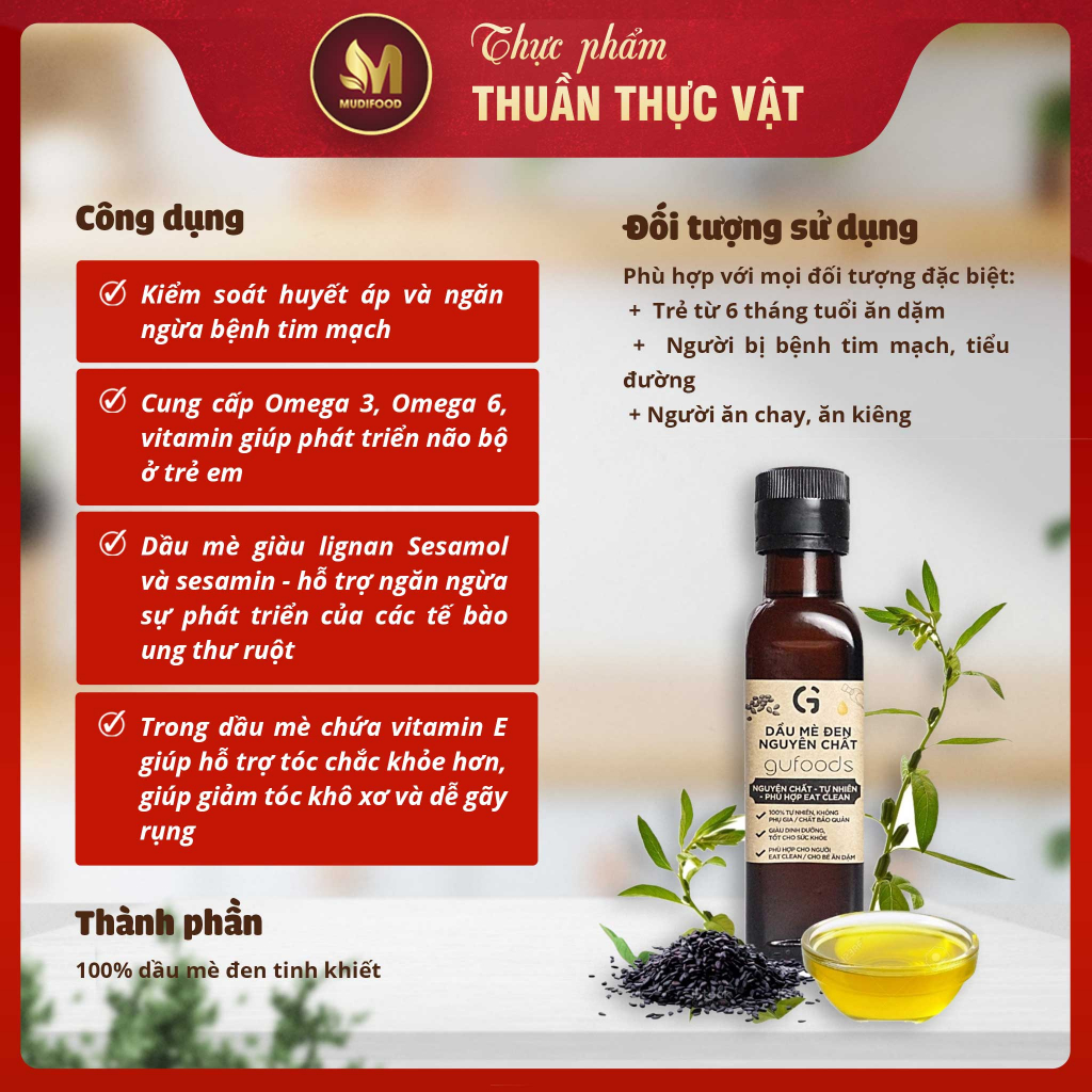 Dầu Mè Đen Nguyên Chất Gufoods Chai 120ml - Bổ Sung Dinh Dưỡng Cho Trẻ Em Từ 6 Tháng Tuổi, Ăn Kiêng, Ăn Chay