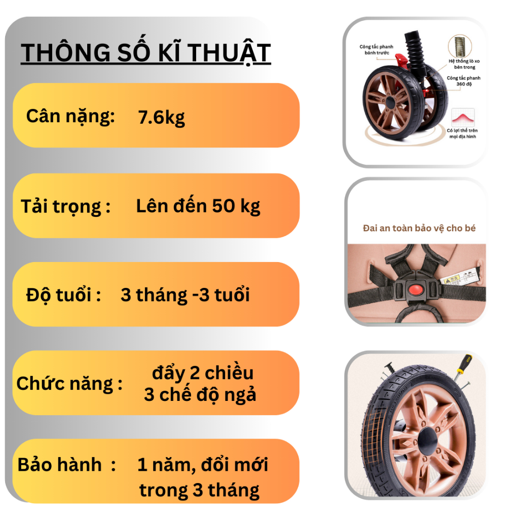 Xe đẩy em bé sơ sinh COCOBEE cao cấp gấp gọn hai chiều đa tính năng cho bé - Bảo hành 3 năm