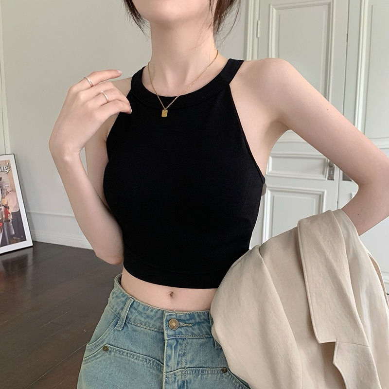 Áo Yếm Cổ Tròn Croptop, Dây Chéo Lưng, Freesize <53kg-người mảnh