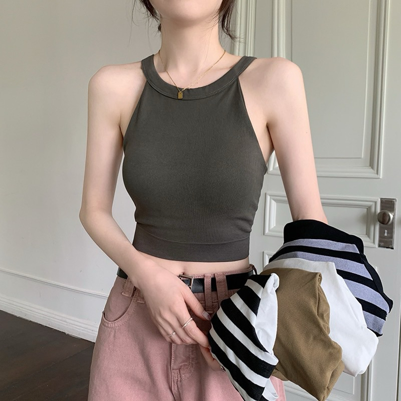 Áo Yếm Cổ Tròn Croptop, Dây Chéo Lưng, Freesize <53kg-người mảnh