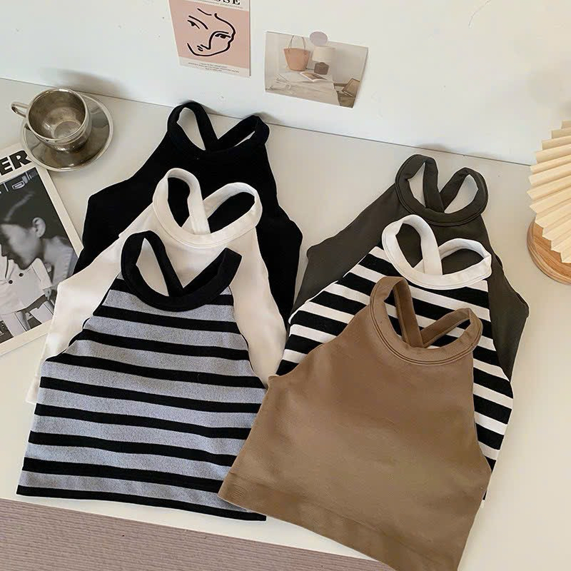 Áo Yếm Cổ Tròn Croptop, Dây Chéo Lưng, Freesize <53kg-người mảnh