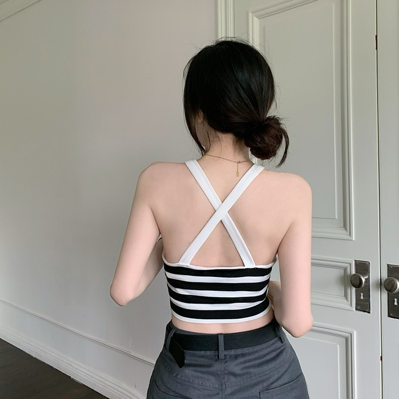 Áo Yếm Cổ Tròn Croptop, Dây Chéo Lưng, Freesize <53kg-người mảnh