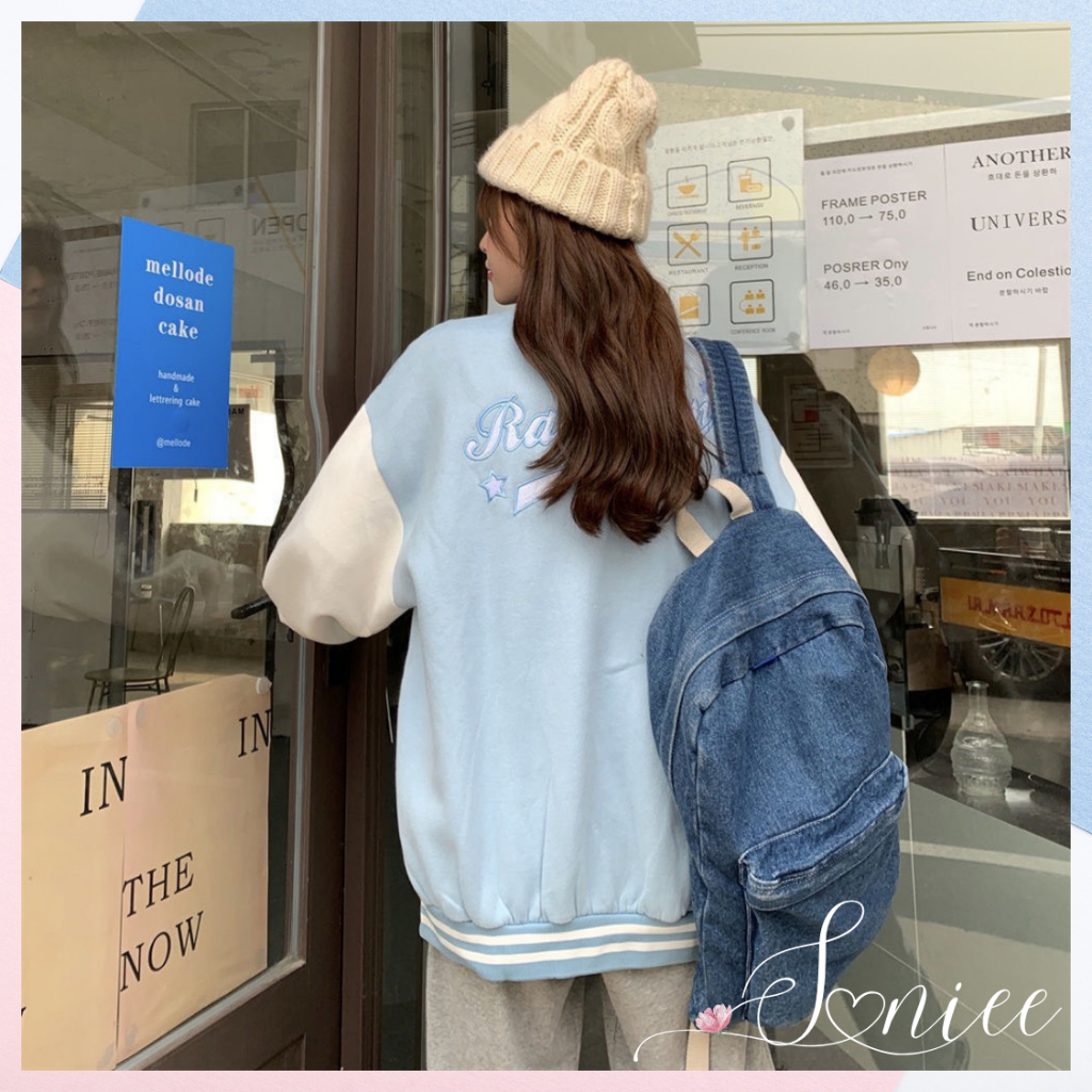 Áo bomber unisex áo khoác nam nữ varsity cúc bấm chất nỉ trơn cao cấp hoạt tiết chữ R thêu nổi form rộng SannieeClothes