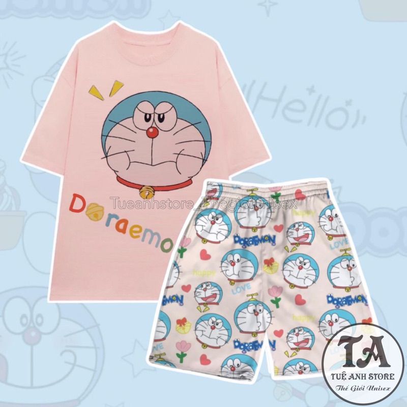 Set Bộ Đùi Cotton Đôrêmon -Set Quần Short Cartton Phối Áo Thun Phom Rộng Unisex Freesize 38-65kg TUEANHSTORE