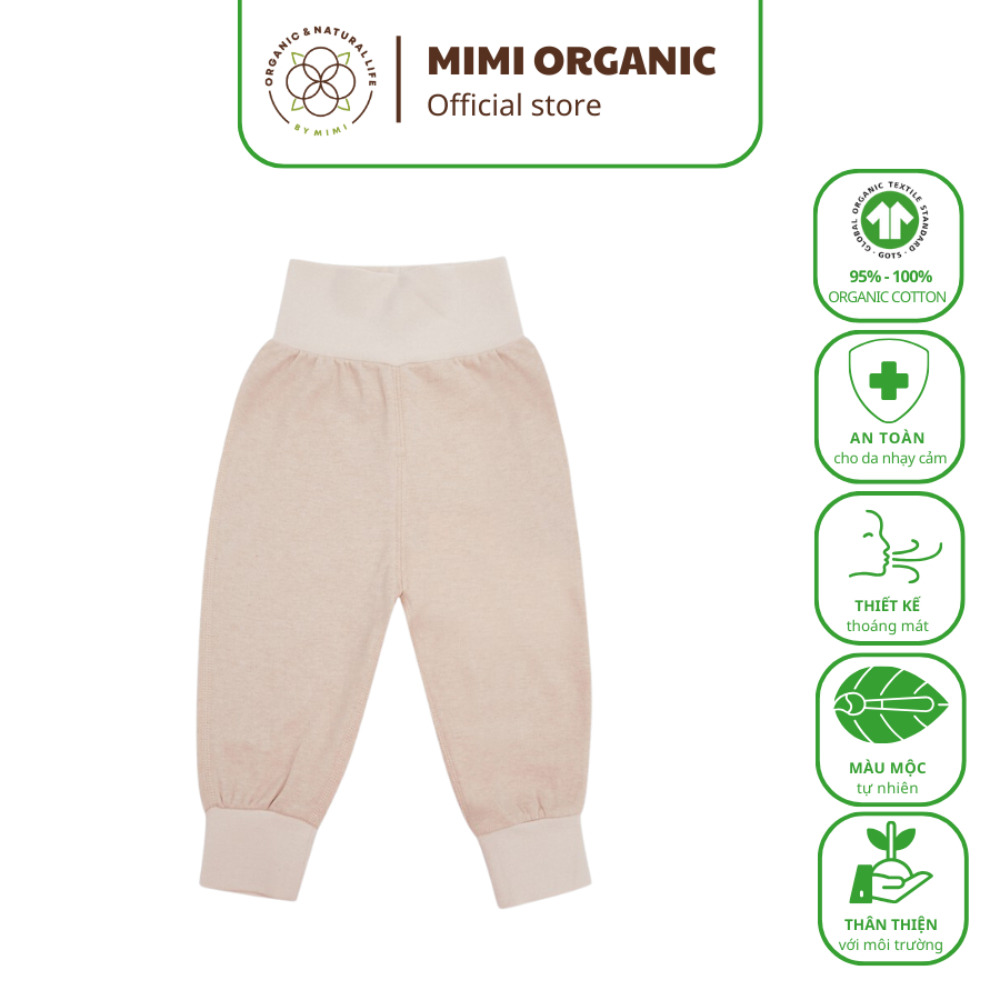 Quần cạp cao chun Mimi Organic màu nâu sợi bông hữu cơ cho bé trai và bé gái dày dặn thu đông