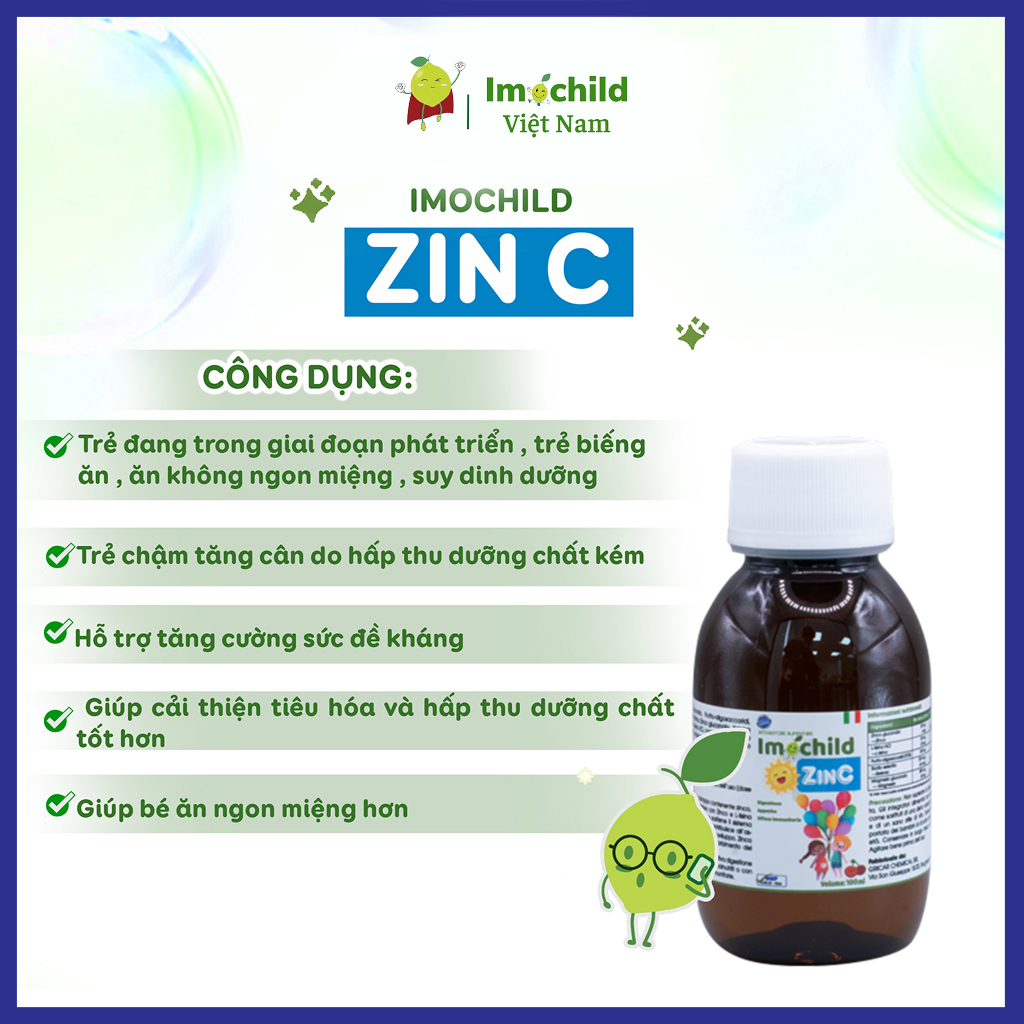 Combo 2 Hộp Kẽm Hữu Cơ Cho Bé Imochild ZinC Kích Thích Bé Ăn Ngon Lọ 100ml - IMOCHILD Kiện 3 Hộp