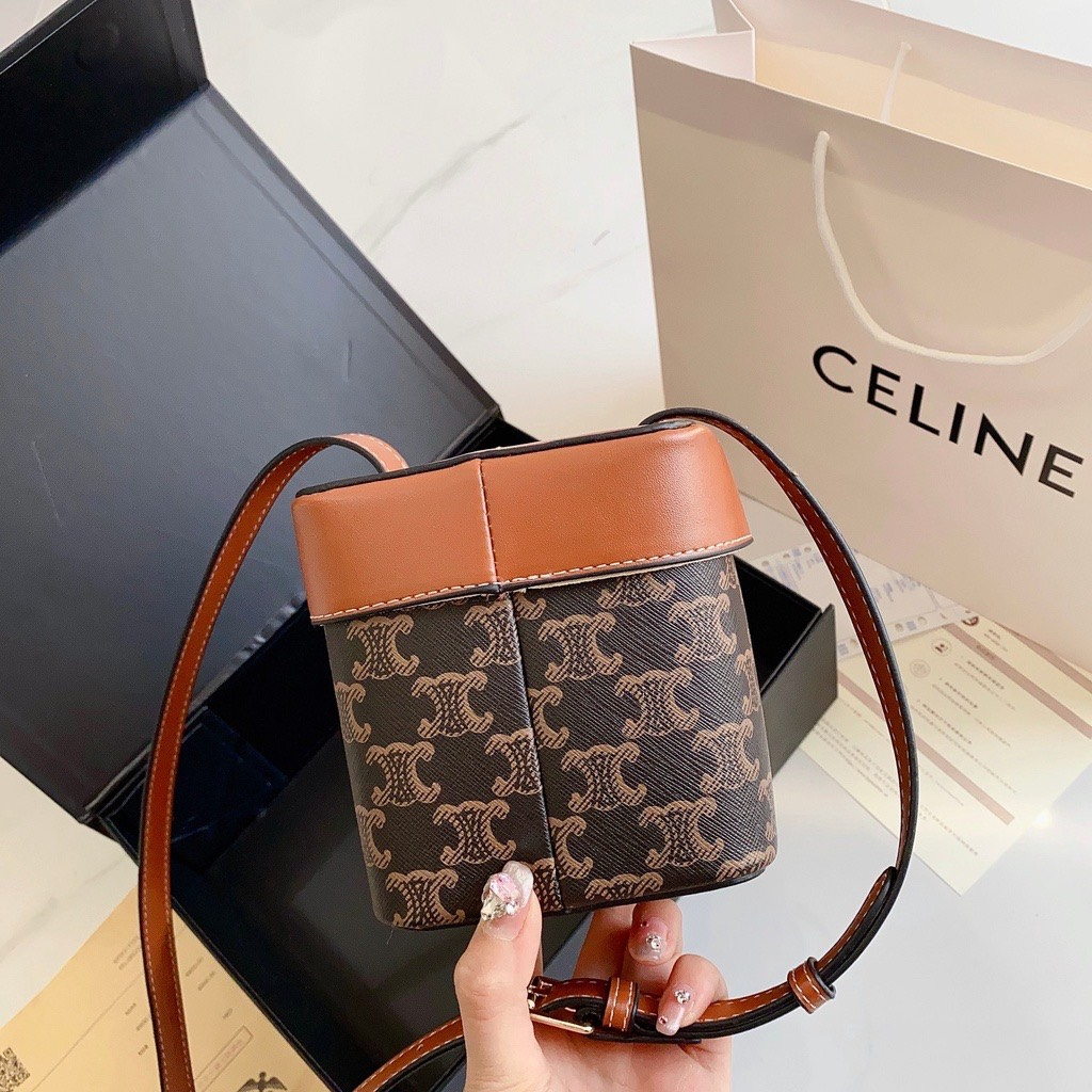 Túi xách nữ Ce lin hộp mini logo nâu hoa phối da hàng nội địa size 14