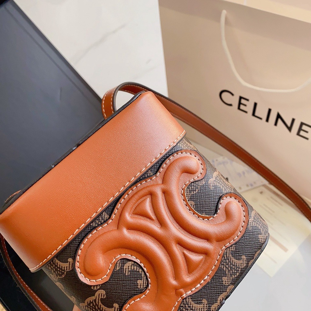Túi xách nữ Ce lin hộp mini logo nâu hoa phối da hàng nội địa size 14