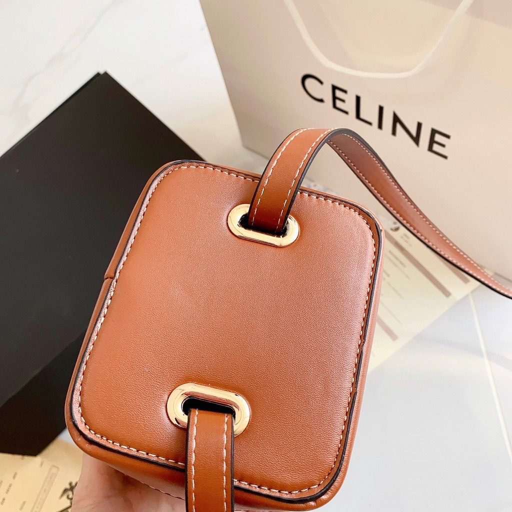 Túi xách nữ Ce lin hộp mini logo nâu hoa phối da hàng nội địa size 14