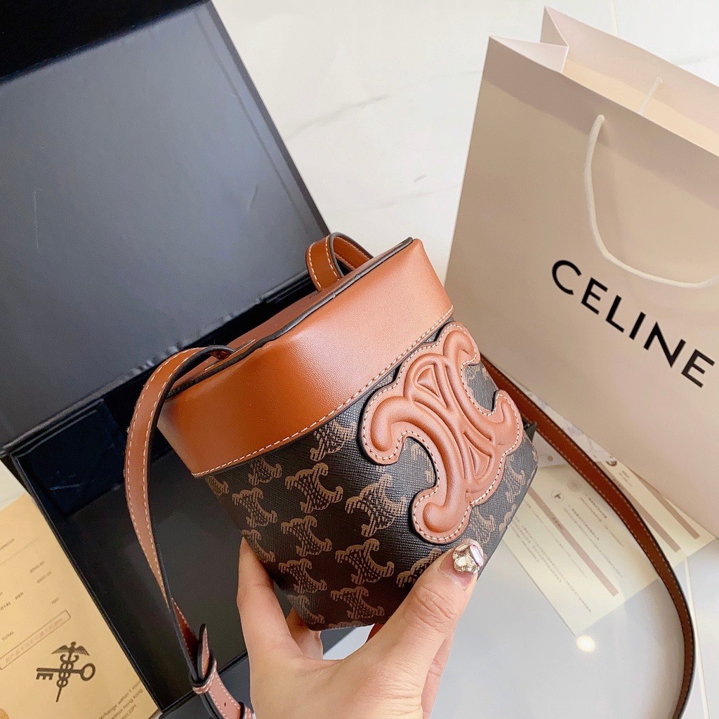 Túi xách nữ Ce lin hộp mini logo nâu hoa phối da hàng nội địa size 14