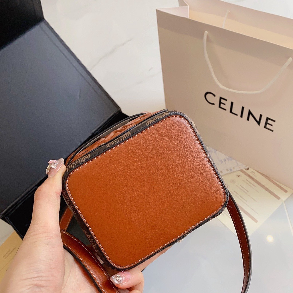 Túi xách nữ Ce lin hộp mini logo nâu hoa phối da hàng nội địa size 14