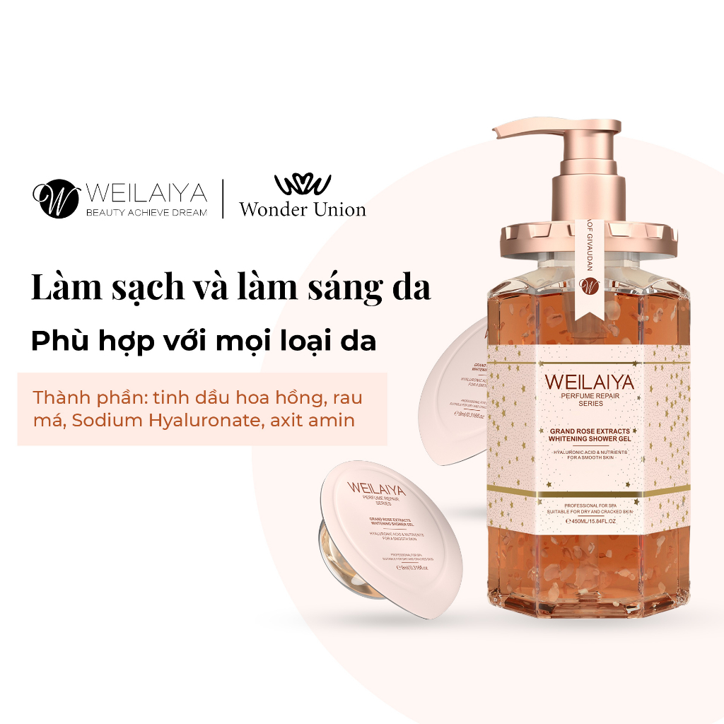 Sữa tắm trắng da cánh hoa hồng Damask 450ml và Sữa tắm trắng da, làm sạch da toàn thân Niacinamide WEILAIYA 450ml