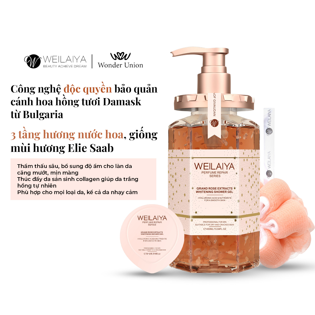 Sữa tắm trắng da cánh hoa hồng Damask 450ml và Sữa tắm trắng da, làm sạch da toàn thân Niacinamide WEILAIYA 450ml