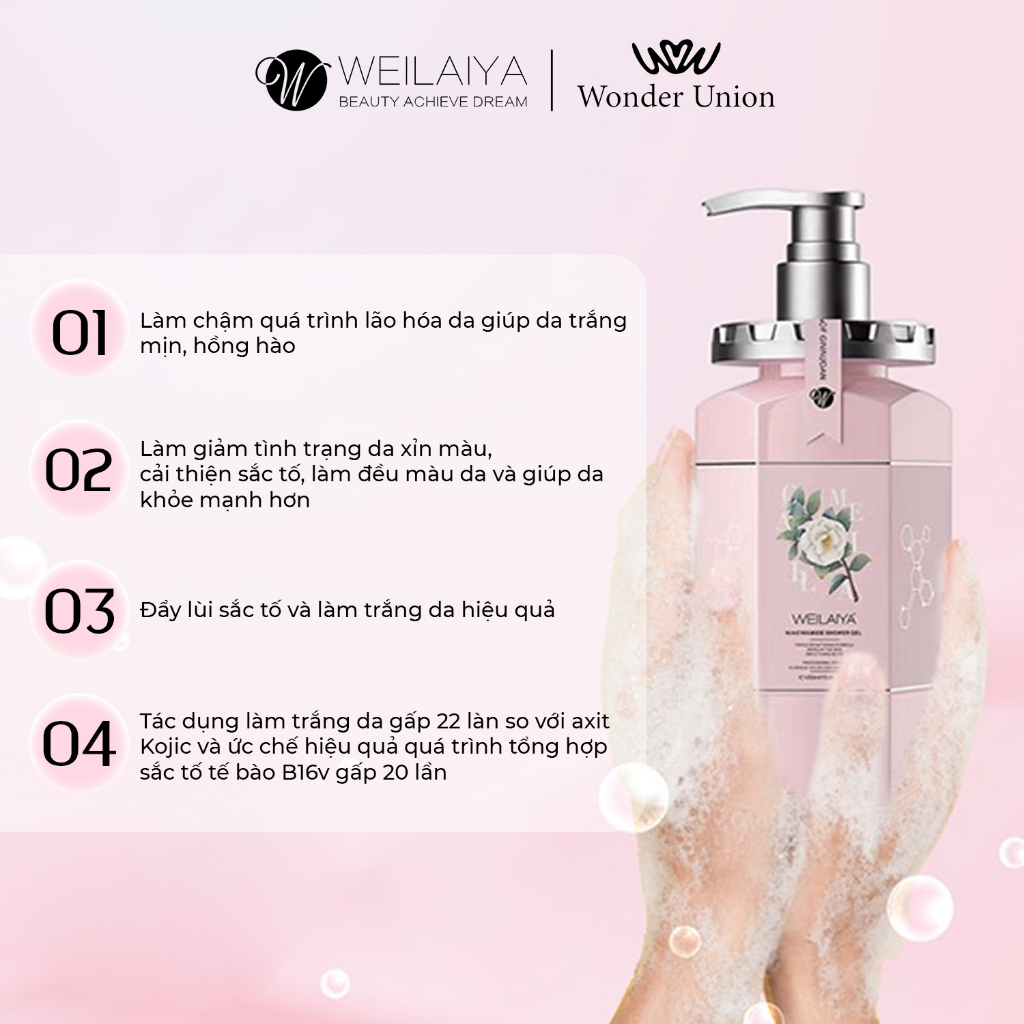 Sữa tắm trắng da cánh hoa hồng Damask 450ml và Sữa tắm trắng da, làm sạch da toàn thân Niacinamide WEILAIYA 450ml