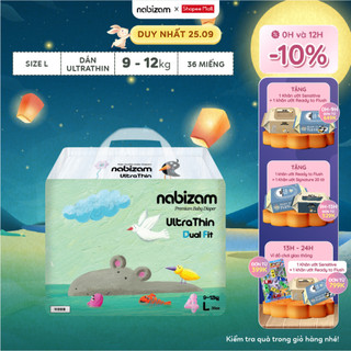 Combo 4 tã/bỉm dán nabizam size l/ từ 9-12kg/36 miếng, dòng ultra thin mỏng nhẹ, thấm hút, khô thoáng