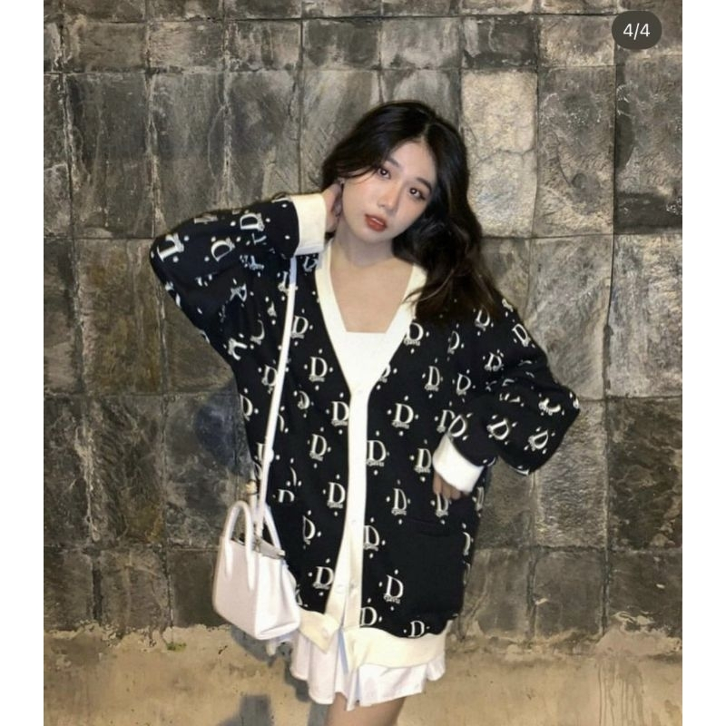 Áo khoác nỉ cardigan dáng rộng họa tiết kẻ ô D87