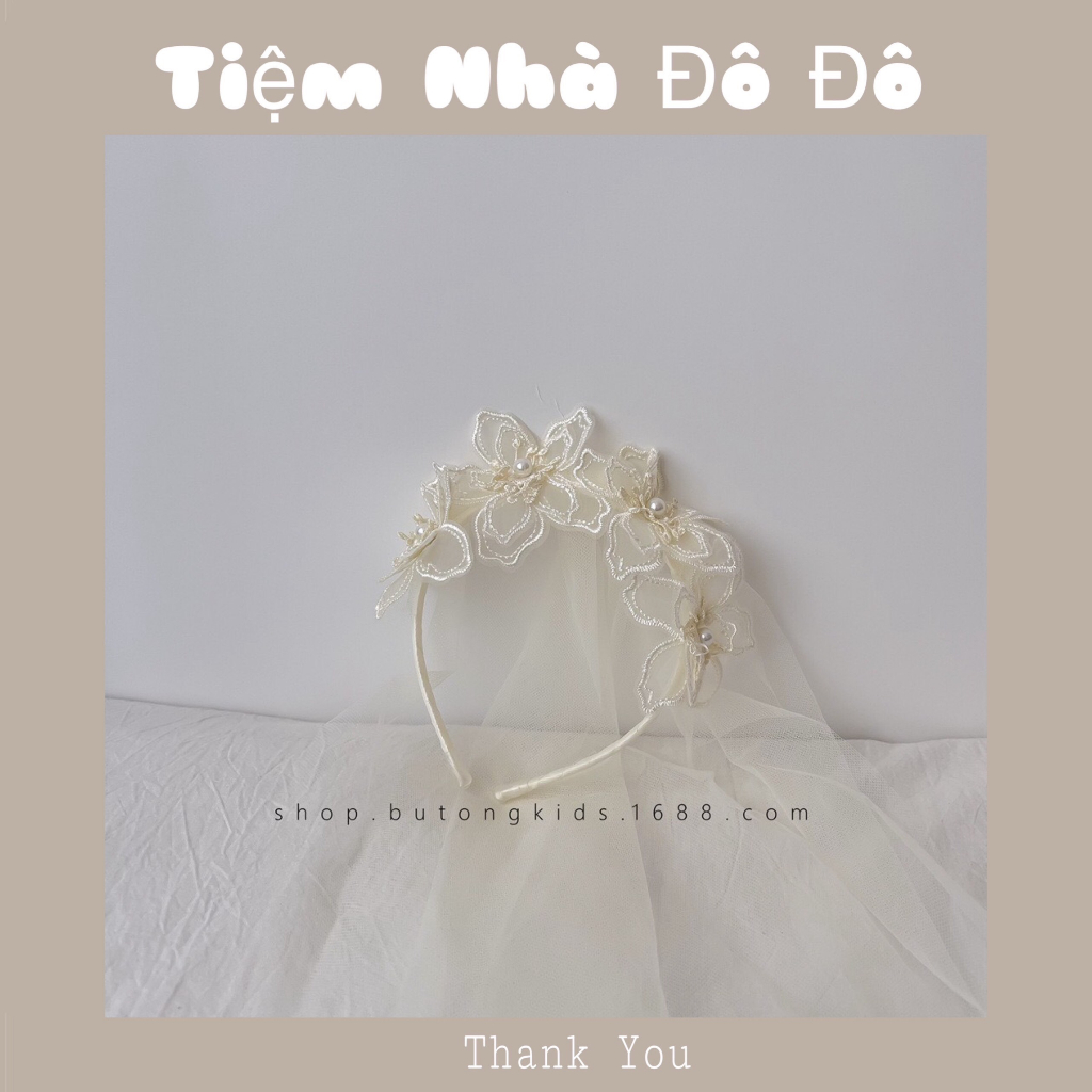 Băng đô đội đầu cài tóc voan dài công chúa tiểu thư cho bé gái sơ sinh đính ngọc cực đẹp