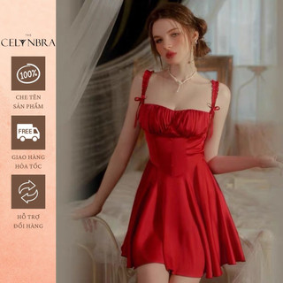 Váy ngủ lụa sexy đính nơ phối hàng cúc giữa the celynbra - v127