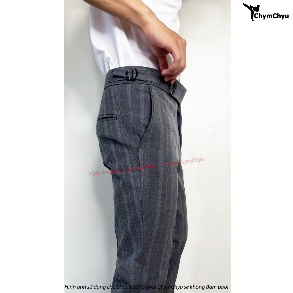 Quần Tây Nam SideTab Sọc Cao Cấp Màu Ghi Xám Đậm ChymChyu