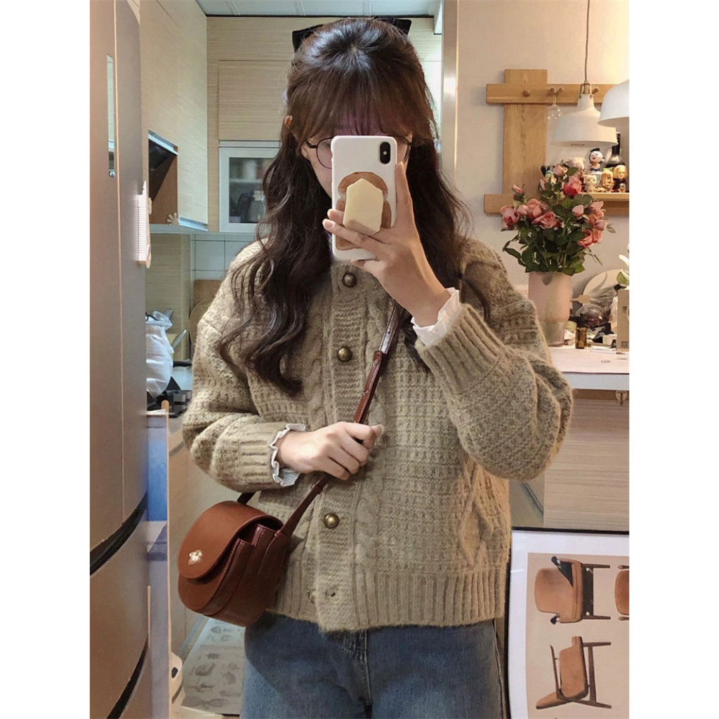 Áo Khoác Len nâu Dáng Vừa Cổ Tròn Phong Cách Vintage hàn Quốc Mùa Thu Cho Bạn gái
