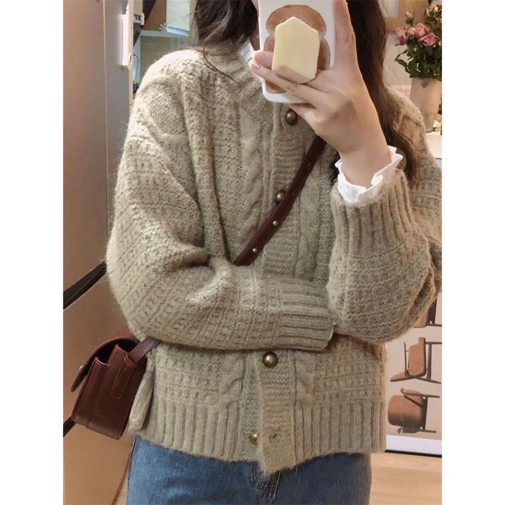 Áo Khoác Len nâu Dáng Vừa Cổ Tròn Phong Cách Vintage hàn Quốc Mùa Thu Cho Bạn gái